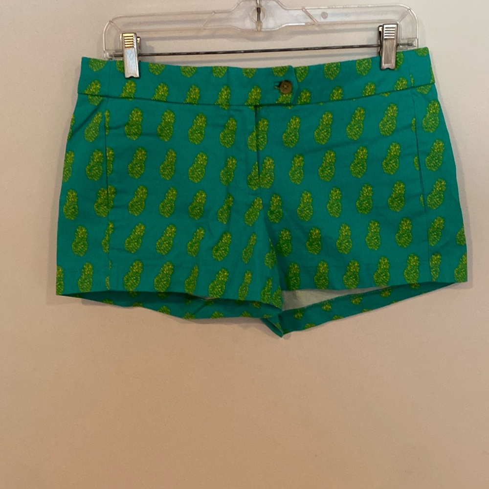 J CREW Green Pineapple Print Short Shorts Cotton Sz 2 EUC Button and Zip Flirty